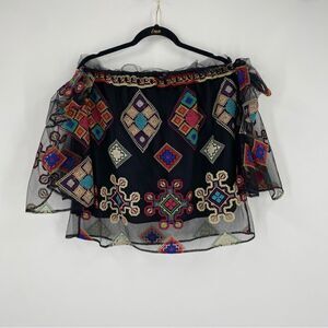 Aum-Couture Women’s Iff the Shoulder Princess Sleeve Embroidered Cropped Top XS